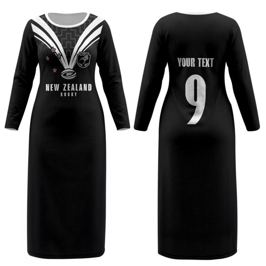 New Zealand Maori Rugby Custom Couples Matching Long Sleeve Bodycon Dress and Hawaiian Shirt Aotearoa Tribal Motif Retro Concept