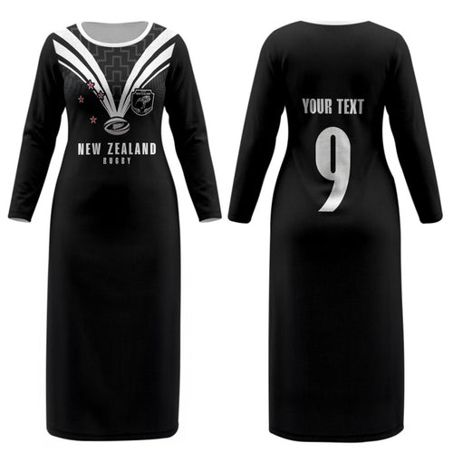 New Zealand Maori Rugby Custom Couples Matching Long Sleeve Bodycon Dress and Hawaiian Shirt Aotearoa Tribal Motif Retro Concept