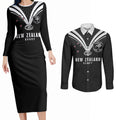 New Zealand Maori Rugby Custom Couples Matching Long Sleeve Bodycon Dress and Long Sleeve Button Shirt Aotearoa Tribal Motif Retro Concept