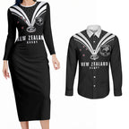 New Zealand Maori Rugby Custom Couples Matching Long Sleeve Bodycon Dress and Long Sleeve Button Shirt Aotearoa Tribal Motif Retro Concept