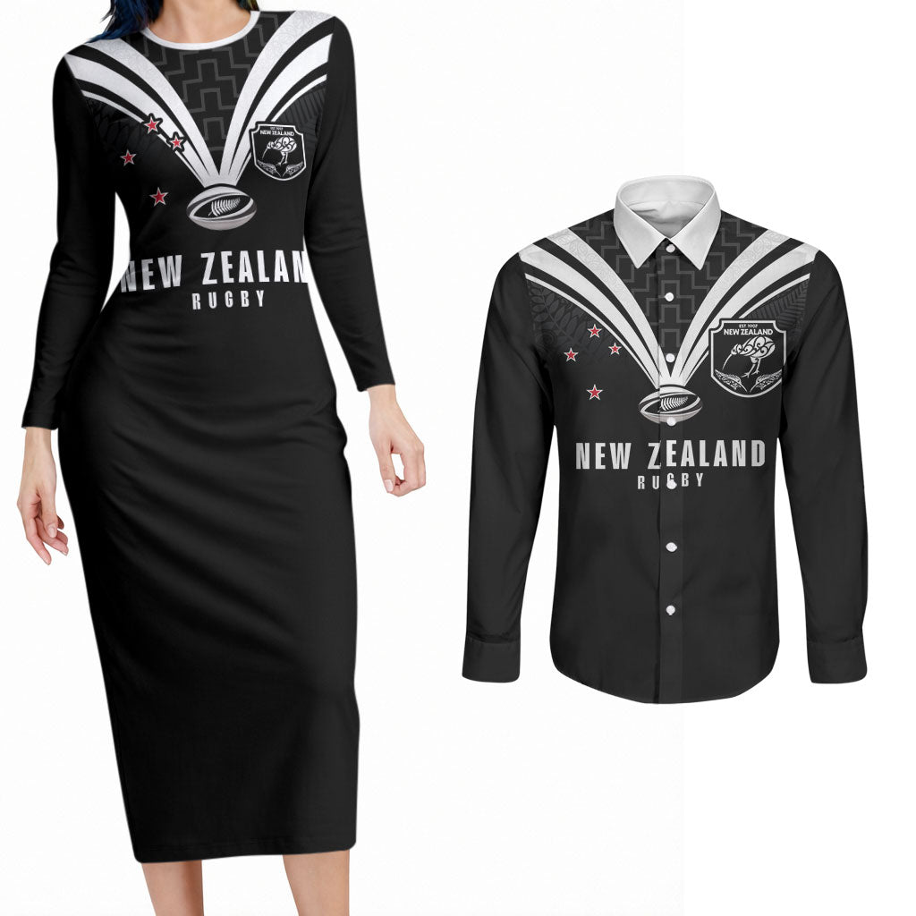 New Zealand Maori Rugby Custom Couples Matching Long Sleeve Bodycon Dress and Long Sleeve Button Shirt Aotearoa Tribal Motif Retro Concept