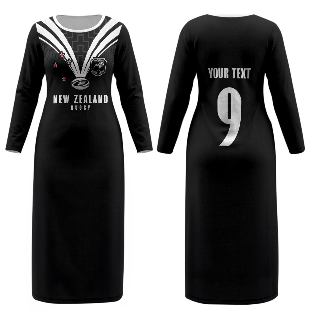 New Zealand Maori Rugby Custom Couples Matching Long Sleeve Bodycon Dress and Long Sleeve Button Shirt Aotearoa Tribal Motif Retro Concept