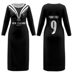 New Zealand Maori Rugby Custom Couples Matching Long Sleeve Bodycon Dress and Long Sleeve Button Shirt Aotearoa Tribal Motif Retro Concept