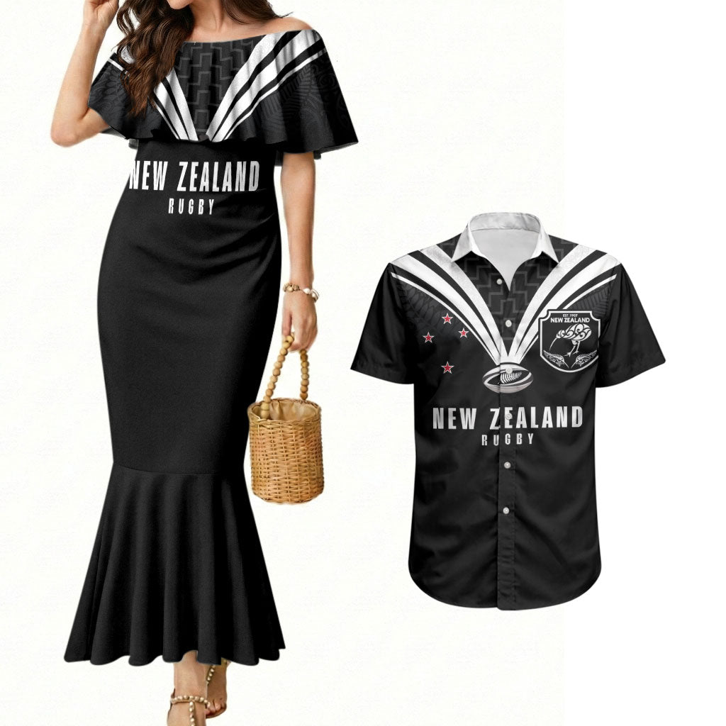 New Zealand Maori Rugby Custom Couples Matching Mermaid Dress and Hawaiian Shirt Aotearoa Tribal Motif Retro Concept