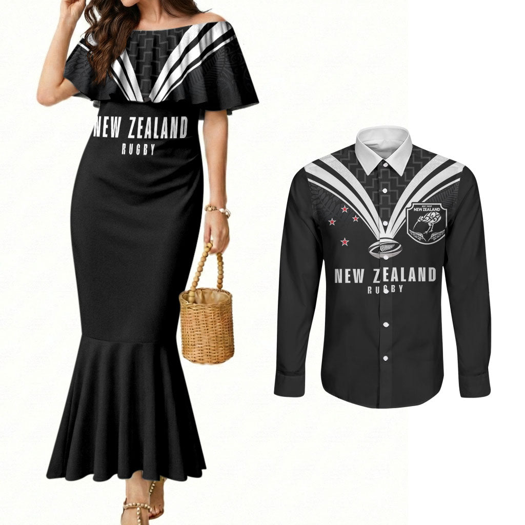 New Zealand Maori Rugby Custom Couples Matching Mermaid Dress and Long Sleeve Button Shirt Aotearoa Tribal Motif Retro Concept