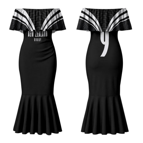 New Zealand Maori Rugby Custom Couples Matching Mermaid Dress and Long Sleeve Button Shirt Aotearoa Tribal Motif Retro Concept