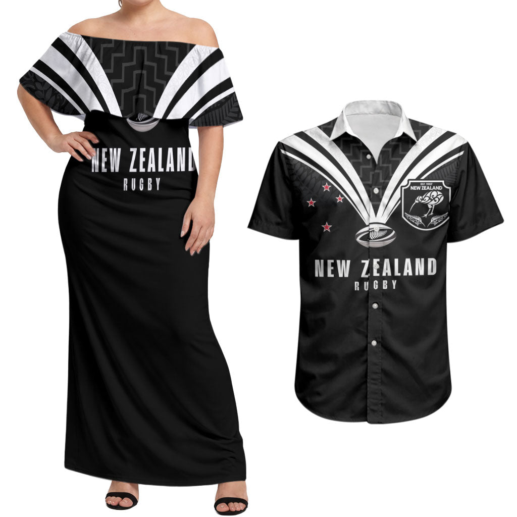 New Zealand Maori Rugby Custom Couples Matching Off Shoulder Maxi Dress and Hawaiian Shirt Aotearoa Tribal Motif Retro Concept