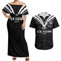 New Zealand Maori Rugby Custom Couples Matching Off Shoulder Maxi Dress and Hawaiian Shirt Aotearoa Tribal Motif Retro Concept