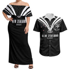 New Zealand Maori Rugby Custom Couples Matching Off Shoulder Maxi Dress and Hawaiian Shirt Aotearoa Tribal Motif Retro Concept