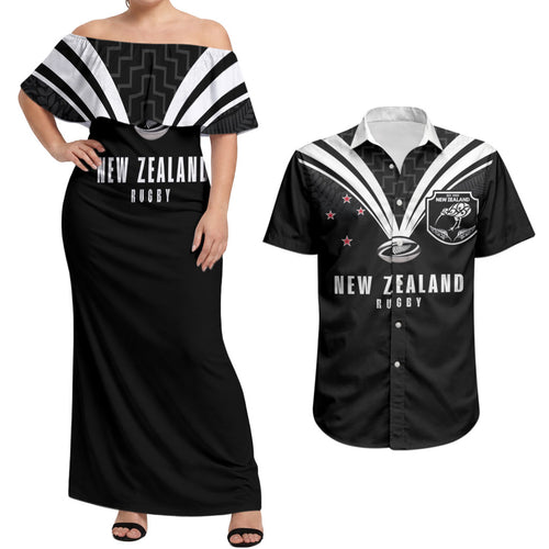New Zealand Maori Rugby Custom Couples Matching Off Shoulder Maxi Dress and Hawaiian Shirt Aotearoa Tribal Motif Retro Concept