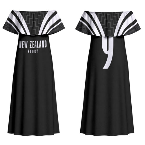 New Zealand Maori Rugby Custom Couples Matching Off Shoulder Maxi Dress and Hawaiian Shirt Aotearoa Tribal Motif Retro Concept