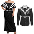 New Zealand Maori Rugby Custom Couples Matching Off Shoulder Maxi Dress and Long Sleeve Button Shirt Aotearoa Tribal Motif Retro Concept