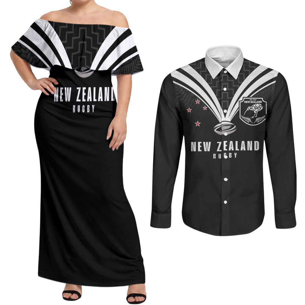 New Zealand Maori Rugby Custom Couples Matching Off Shoulder Maxi Dress and Long Sleeve Button Shirt Aotearoa Tribal Motif Retro Concept