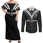 New Zealand Maori Rugby Custom Couples Matching Off Shoulder Maxi Dress and Long Sleeve Button Shirt Aotearoa Tribal Motif Retro Concept