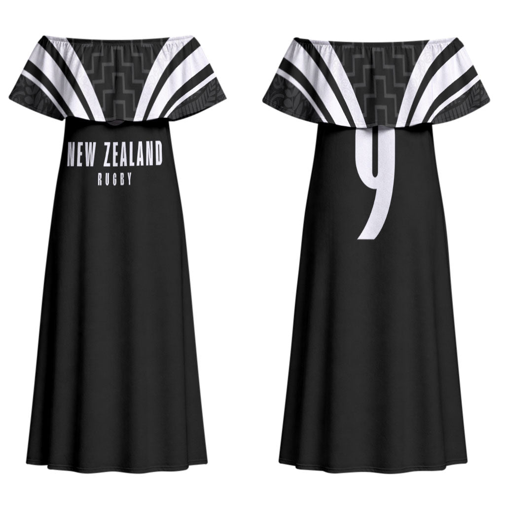 New Zealand Maori Rugby Custom Couples Matching Off Shoulder Maxi Dress and Long Sleeve Button Shirt Aotearoa Tribal Motif Retro Concept