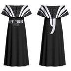 New Zealand Maori Rugby Custom Couples Matching Off Shoulder Maxi Dress and Long Sleeve Button Shirt Aotearoa Tribal Motif Retro Concept
