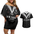 New Zealand Maori Rugby Custom Couples Matching Off Shoulder Short Dress and Hawaiian Shirt Aotearoa Tribal Motif Retro Concept