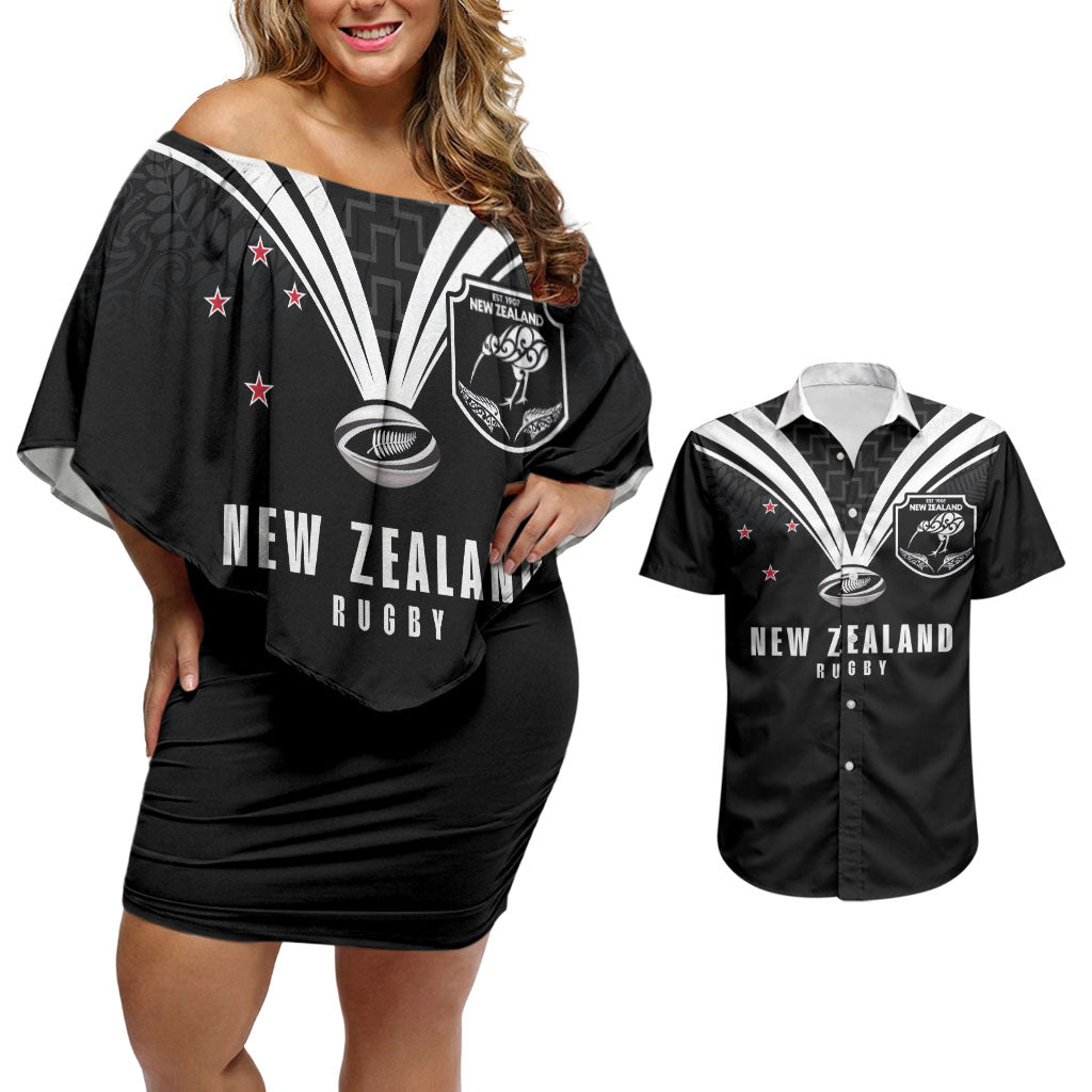 New Zealand Maori Rugby Custom Couples Matching Off Shoulder Short Dress and Hawaiian Shirt Aotearoa Tribal Motif Retro Concept