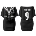New Zealand Maori Rugby Custom Couples Matching Off Shoulder Short Dress and Hawaiian Shirt Aotearoa Tribal Motif Retro Concept