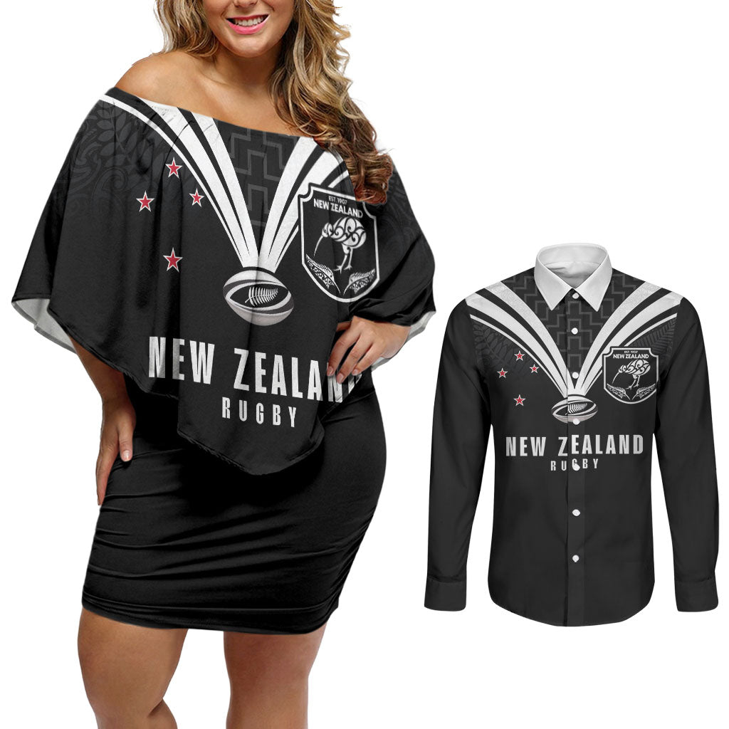 New Zealand Maori Rugby Custom Couples Matching Off Shoulder Short Dress and Long Sleeve Button Shirt Aotearoa Tribal Motif Retro Concept