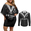New Zealand Maori Rugby Custom Couples Matching Off Shoulder Short Dress and Long Sleeve Button Shirt Aotearoa Tribal Motif Retro Concept