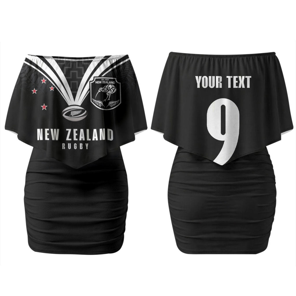New Zealand Maori Rugby Custom Couples Matching Off Shoulder Short Dress and Long Sleeve Button Shirt Aotearoa Tribal Motif Retro Concept