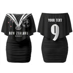 New Zealand Maori Rugby Custom Couples Matching Off Shoulder Short Dress and Long Sleeve Button Shirt Aotearoa Tribal Motif Retro Concept