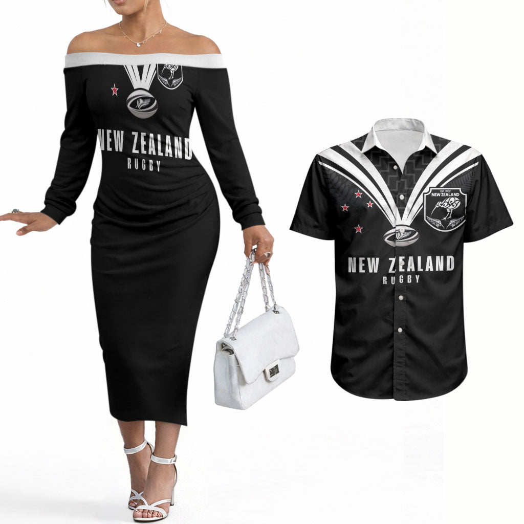 New Zealand Maori Rugby Custom Couples Matching Off The Shoulder Long Sleeve Dress and Hawaiian Shirt Aotearoa Tribal Motif Retro Concept