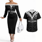 New Zealand Maori Rugby Custom Couples Matching Off The Shoulder Long Sleeve Dress and Hawaiian Shirt Aotearoa Tribal Motif Retro Concept