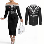 New Zealand Maori Rugby Custom Couples Matching Off The Shoulder Long Sleeve Dress and Long Sleeve Button Shirt Aotearoa Tribal Motif Retro Concept
