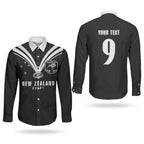 New Zealand Maori Rugby Custom Couples Matching Off The Shoulder Long Sleeve Dress and Long Sleeve Button Shirt Aotearoa Tribal Motif Retro Concept