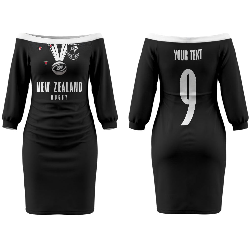 New Zealand Maori Rugby Custom Couples Matching Off The Shoulder Long Sleeve Dress and Long Sleeve Button Shirt Aotearoa Tribal Motif Retro Concept