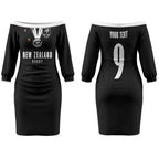 New Zealand Maori Rugby Custom Couples Matching Off The Shoulder Long Sleeve Dress and Long Sleeve Button Shirt Aotearoa Tribal Motif Retro Concept