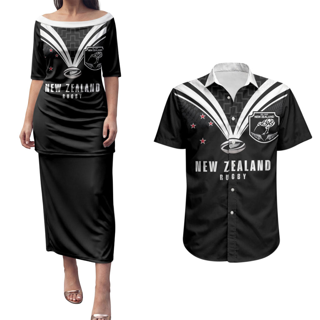 New Zealand Maori Rugby Custom Couples Matching Puletasi and Hawaiian Shirt Aotearoa Tribal Motif Retro Concept