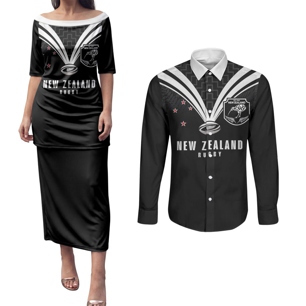 New Zealand Maori Rugby Custom Couples Matching Puletasi and Long Sleeve Button Shirt Aotearoa Tribal Motif Retro Concept