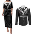 New Zealand Maori Rugby Custom Couples Matching Puletasi and Long Sleeve Button Shirt Aotearoa Tribal Motif Retro Concept