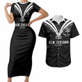 New Zealand Maori Rugby Custom Couples Matching Short Sleeve Bodycon Dress and Hawaiian Shirt Aotearoa Tribal Motif Retro Concept