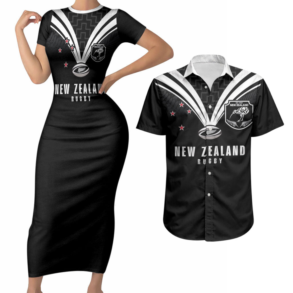 New Zealand Maori Rugby Custom Couples Matching Short Sleeve Bodycon Dress and Hawaiian Shirt Aotearoa Tribal Motif Retro Concept