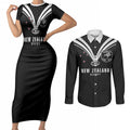 New Zealand Maori Rugby Custom Couples Matching Short Sleeve Bodycon Dress and Long Sleeve Button Shirt Aotearoa Tribal Motif Retro Concept