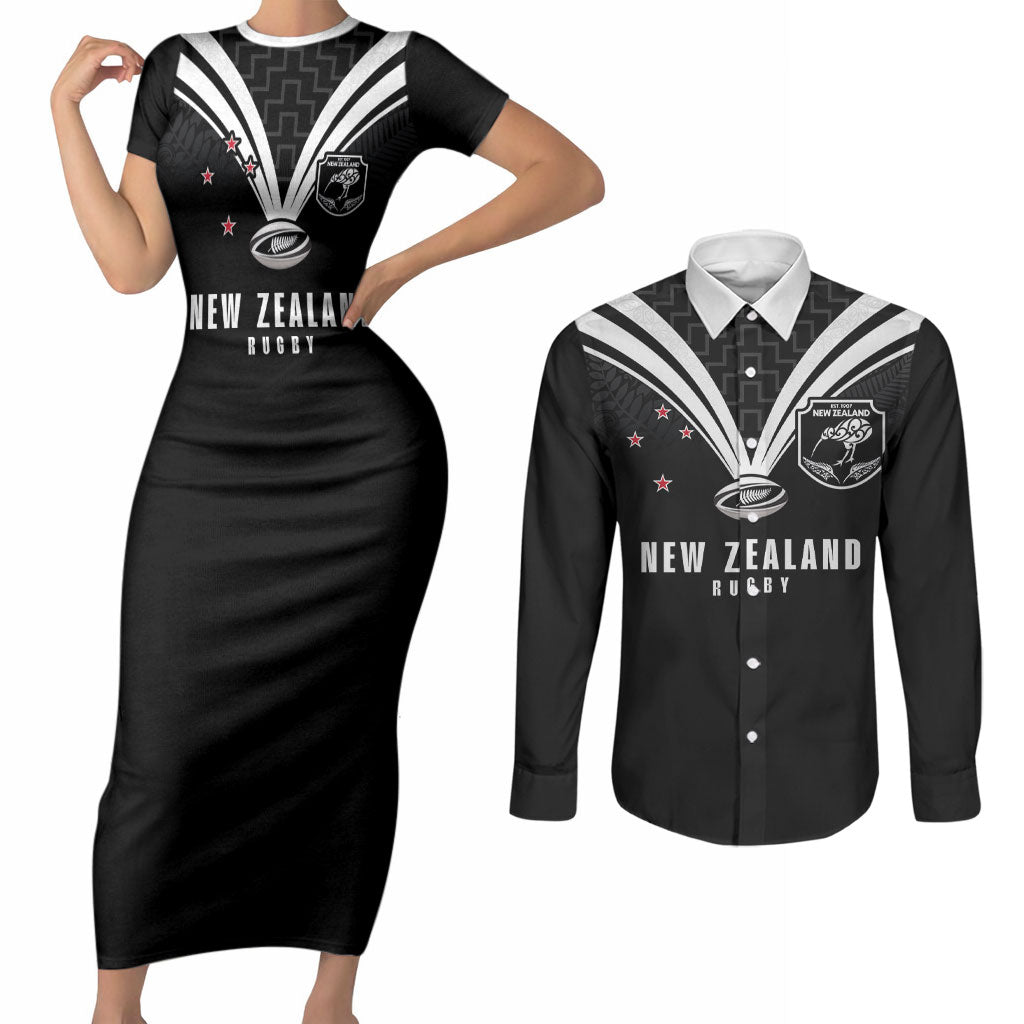 New Zealand Maori Rugby Custom Couples Matching Short Sleeve Bodycon Dress and Long Sleeve Button Shirt Aotearoa Tribal Motif Retro Concept