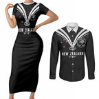 New Zealand Maori Rugby Custom Couples Matching Short Sleeve Bodycon Dress and Long Sleeve Button Shirt Aotearoa Tribal Motif Retro Concept