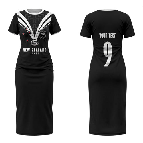 New Zealand Maori Rugby Custom Couples Matching Short Sleeve Bodycon Dress and Long Sleeve Button Shirt Aotearoa Tribal Motif Retro Concept