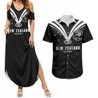 New Zealand Maori Rugby Custom Couples Matching Summer Maxi Dress and Hawaiian Shirt Aotearoa Tribal Motif Retro Concept