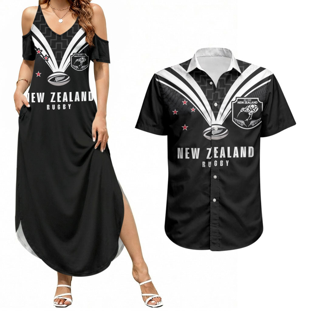 New Zealand Maori Rugby Custom Couples Matching Summer Maxi Dress and Hawaiian Shirt Aotearoa Tribal Motif Retro Concept