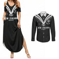 New Zealand Maori Rugby Custom Couples Matching Summer Maxi Dress and Long Sleeve Button Shirt Aotearoa Tribal Motif Retro Concept