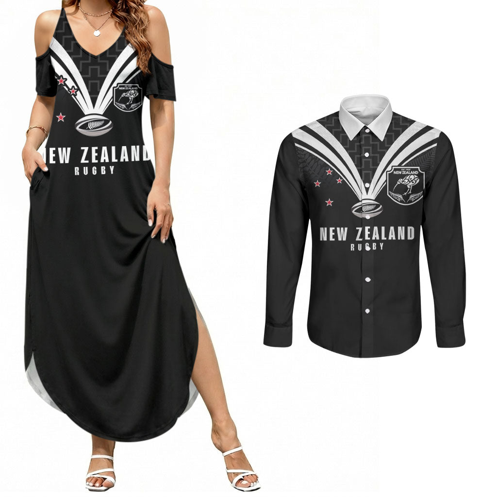 New Zealand Maori Rugby Custom Couples Matching Summer Maxi Dress and Long Sleeve Button Shirt Aotearoa Tribal Motif Retro Concept