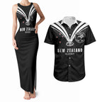 New Zealand Maori Rugby Custom Couples Matching Tank Maxi Dress and Hawaiian Shirt Aotearoa Tribal Motif Retro Concept