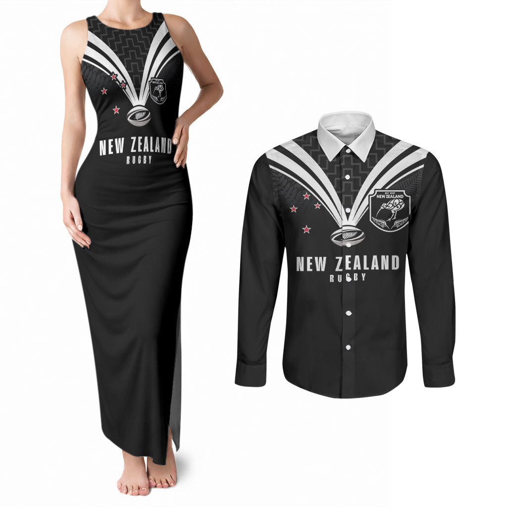 New Zealand Maori Rugby Custom Couples Matching Tank Maxi Dress and Long Sleeve Button Shirt Aotearoa Tribal Motif Retro Concept