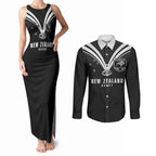 New Zealand Maori Rugby Custom Couples Matching Tank Maxi Dress and Long Sleeve Button Shirt Aotearoa Tribal Motif Retro Concept