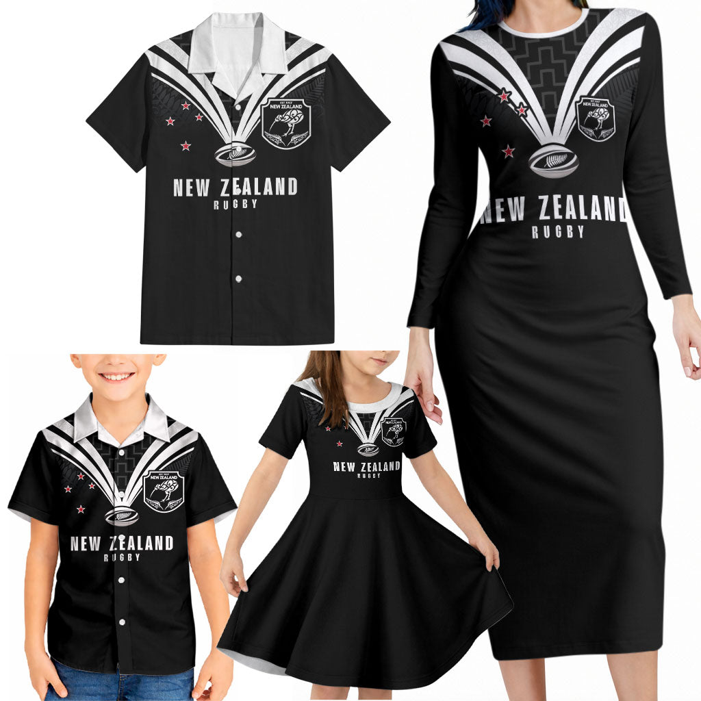 New Zealand Maori Rugby Custom Family Matching Long Sleeve Bodycon Dress and Hawaiian Shirt Aotearoa Tribal Motif Retro Concept